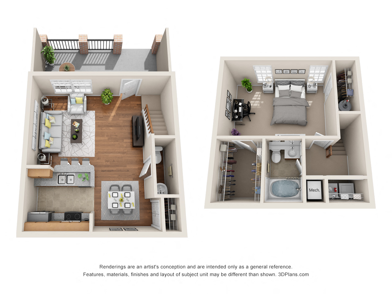Floor plan for 1 bed, 1.5 baths, 828 sqft